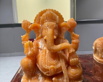 Hand Carved Yellow Aragonite Ganesha Statue  Natural Gemstone Decor