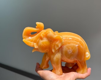 Hand-Carved Yellow Calcite Elephant Sculpture | Natural Gemstone Décor | Lucky Elephant Figurine