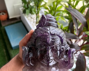 Natural Hand carved Shiva head in Amethyst Gemstone Statue Idol Sculpture Home decor