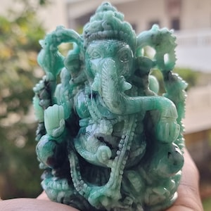 Natural Handmade Emerald Ganesha Statue precious Gemstone Art Deco Idol Figurine Crystal Collection Sculpture Home decor stones healing