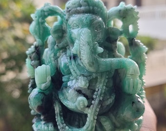 Natural Handmade Emerald Ganesha Statue precious Gemstone Art Deco Idol Figurine Crystal Collection Sculpture Home decor stones healing