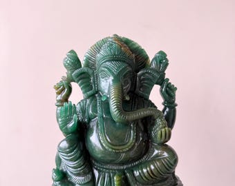 Hand carved Lord Ganesha Statue in Green Aventurine Gemstone Sculpture Art deco Gift