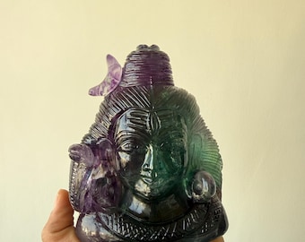 Hand Carved Multi Fluorite Shiva Head | Purple & Green Gemstone Sculpture | Luxury Spiritual Decor