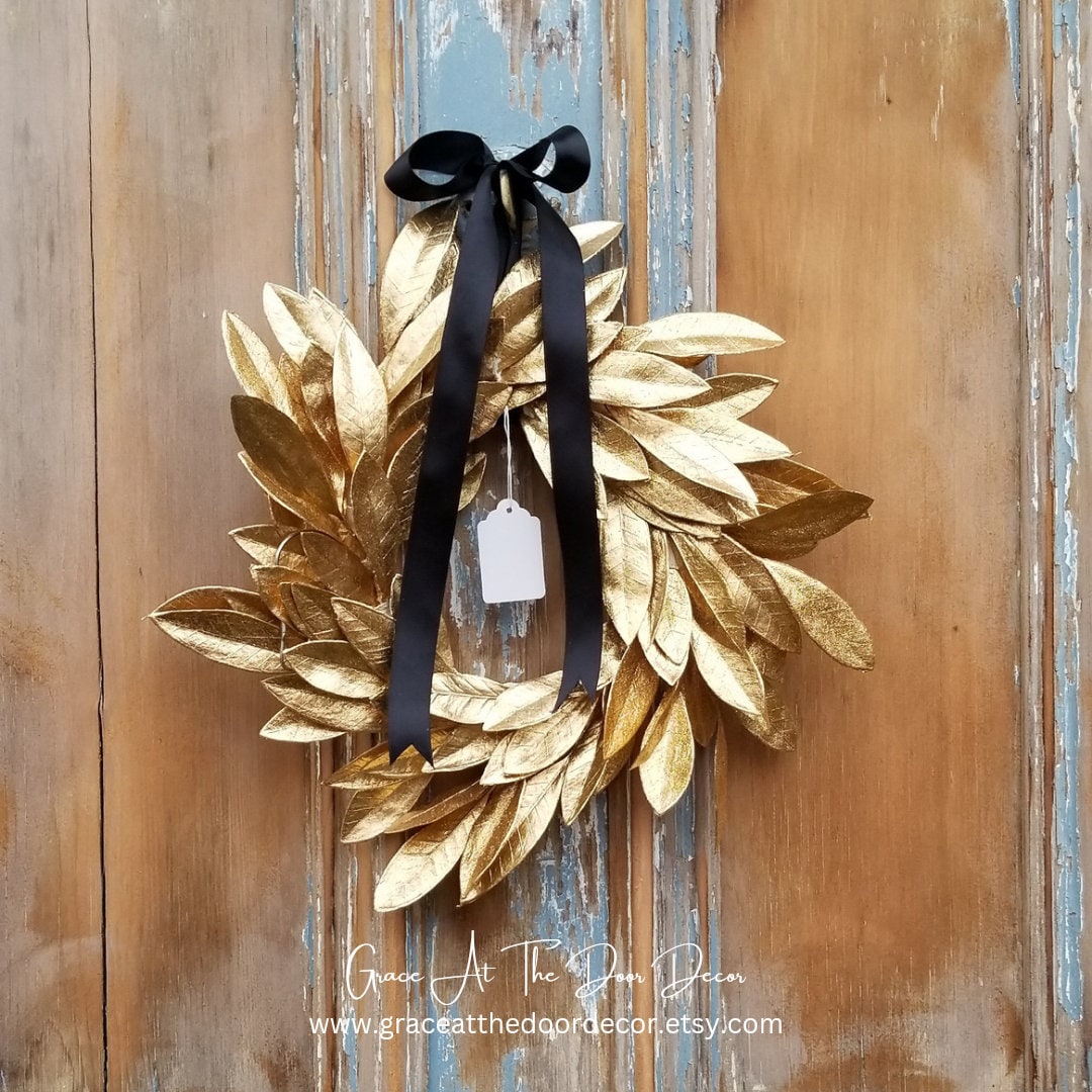 Gold Metallic Leaf Wreath Gold Laurel Leaf Wreath With Black Etsy