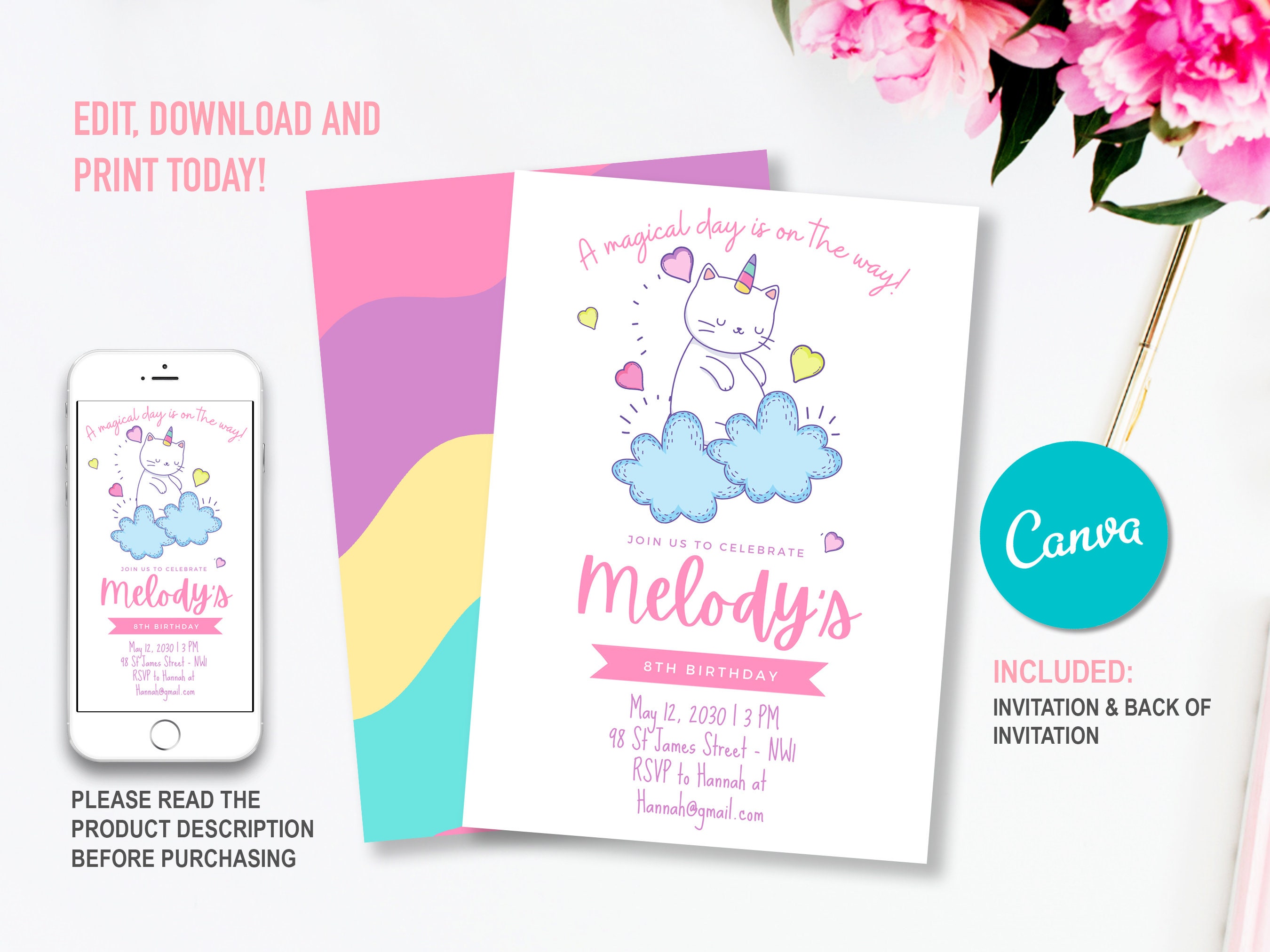 Unicorn Cat Birthday Invitation, Template, Printable, 1327 - Etsy