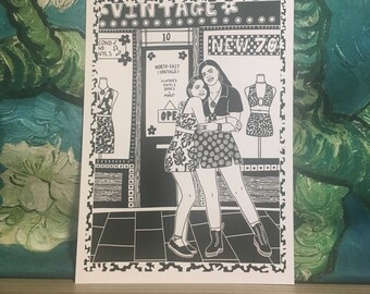 Mädchen auf Shopping-Trip-Druck - Funky schwarz und weiß Druck - Wandkunst - A4-Druck