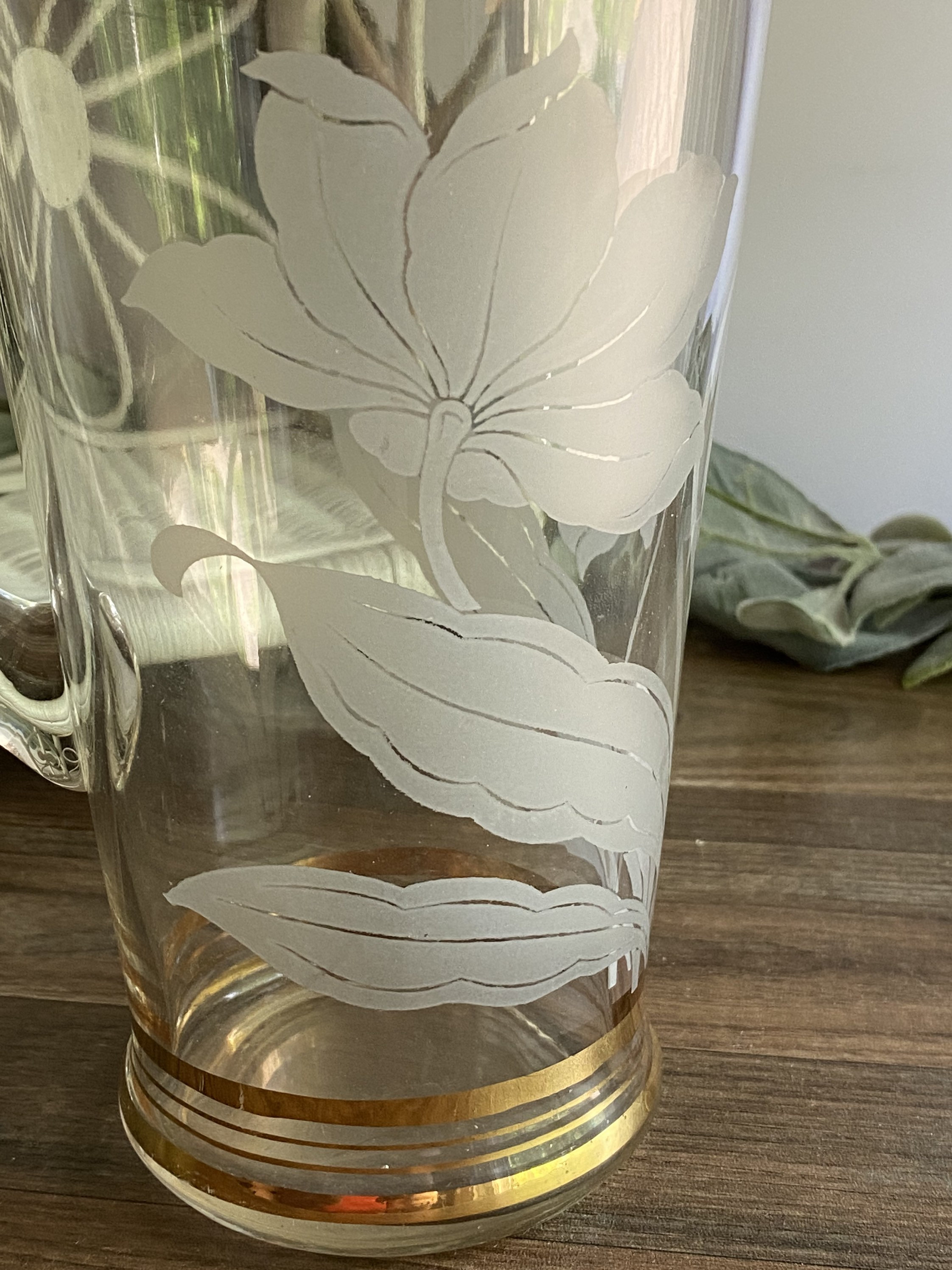Vintage Etched Glass Pitcher with Gold Trim Etsy