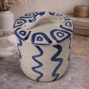 Handmade Stoneware Jar with Lid, Blue Abstract Pottery Canister