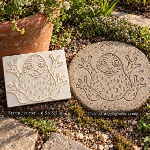 Könnte beinhalten: Ein rechteckiger, cremefarbener Stempel mit den Maßen 16,5 x 14 cm und einem erhabenen Froschmotiv, neben einem runden Trittstein aus Beton, der dasselbe eingeprägte Froschdesign mit strukturierter Haut und großen Augen zeigt.