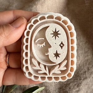 May include: A beige, speckled, arched cookie cutter featuring a relief design of a crescent moon with a closed eye, two four-pointed stars, and a small diamond shape, all resting above two leafy sprigs, framed by a scalloped border.