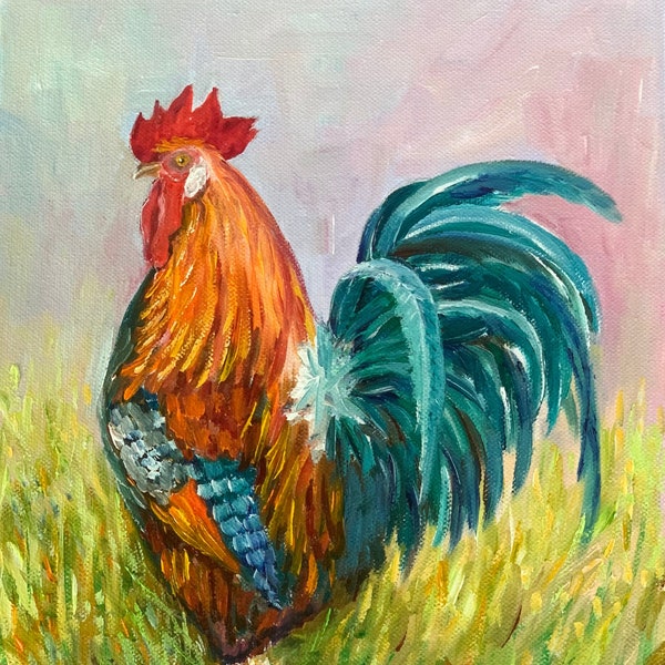 Peinture à l'huile originale de coq d'art de cuisine 10 x 12 po