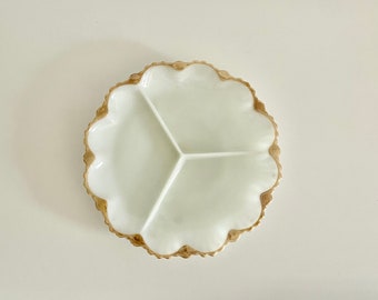 1960s Milk Glass 3 Sections Hors d’Oeuvre Serving Plate. White & Gold