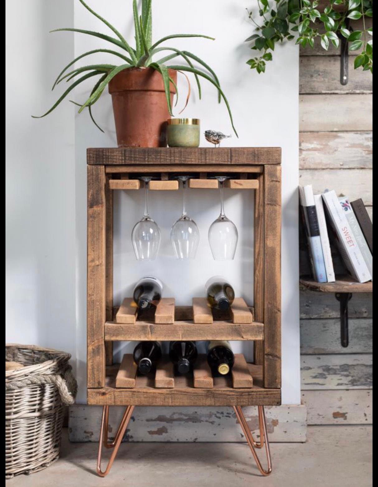 Wine Rack Glass Holder Table Handmade Rustic Wood Bar