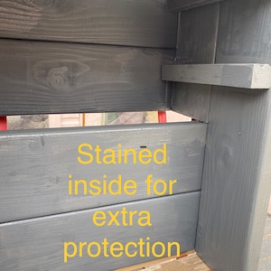 May include: Close-up of the inside of a wooden planter box. The wood is stained gray and the text "Stained inside for extra protection" is written in yellow on the side.