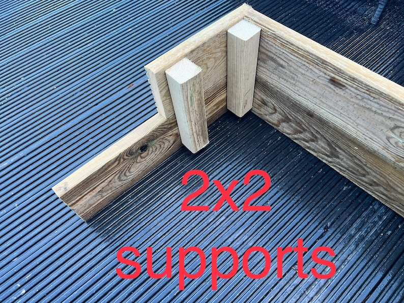 May include: Close-up of a wooden corner joint with two 2x2 supports. The text "2x2 supports" is written in red below the joint.