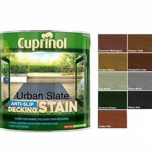 May include: A can of Cuprinol Urban Slate Anti-Slip Decking Stain. The can is green with a picture of a deck and the words "Urban Slate" and "Anti-Slip Decking Stain". The can also has the words "Hard Wearing Colour for Decking", "Long Lasting Weather Protection", and "Non-Slip Finish".