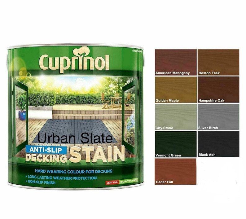 May include: A can of Cuprinol Urban Slate Anti-Slip Decking Stain. The can is green with a picture of a deck and the words "Urban Slate" and "Anti-Slip Decking Stain". The can also has the words "Hard Wearing Colour for Decking", "Long Lasting Weather Protection", and "Non-Slip Finish".
