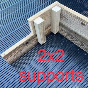 May include: Close-up of a wooden corner joint with two 2x2 supports. The text "2x2 supports" is written in red below the joint.