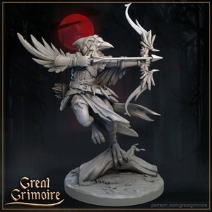 May include: A detailed, gray figurine of a bird-headed archer aiming a bow and arrow. The figure is posed mid-stride on a tree branch, with a red moon in the background. The base of the figurine has the text "Great Grimoire" and a website address.