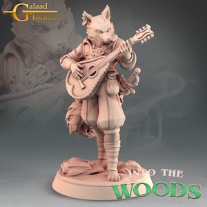 DnD Tabaxi Kitsune Bard holding a lute Unpainted Miniature