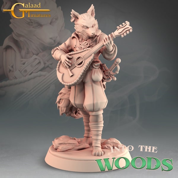 DnD Tabaxi Kitsune Bard holding a lute Unpainted Miniature