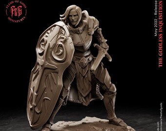 May include: A female paladin miniature figure in a pose holding a sword and shield. The figure is painted in a brown color and is standing on a rocky base. The figure is part of the "The Godless Inquisition" release from Flesh of Gods Miniatures.