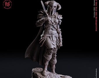 May include: A female dark knight miniature figure with a sword, helmet, and armor. The figure is standing on a rocky base. The miniature is made of a gray plastic material.