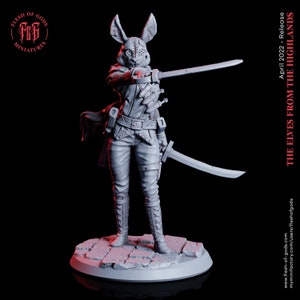 May include: A grey, detailed miniature figurine of a rabbit-like creature wearing a mask and holding two swords. The figure is standing on a circular base with a textured surface. The text "THE ELVES FROM THE HIGHLANDS" is visible in the background.