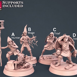 May include: A collection of four miniature fantasy figures: Hunter, Mage, Thief, and Squire. Each figure is posed on a circular base. The Hunter holds a staff with a cage and a small animal. The Mage has a spell effect. The Thief is in a stealth pose. The Squire holds a shield.