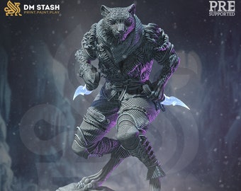 May include: A 3D printed miniature of a snow stalker, a creature with a wolf-like head and body, wearing armor and holding daggers. The miniature is painted in shades of gray and purple, and is standing on a rocky base. The text "Curatio Ounce Snow Stalker" is printed below the miniature.