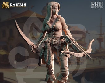 May include: A detailed 3D printed miniature of a female pirate character holding a crossbow and a dagger. The character is wearing a leather bodice, a fur-lined skirt, and leather boots. The miniature is pre-supported for 3D printing.