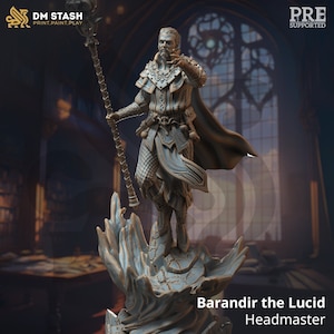 May include: A detailed miniature figurine of a wizard holding a staff, standing on a rocky base. The wizard is wearing a long robe with intricate details and has a long beard. The figurine is painted in a light brown color. The text "Barandir the Lucid Headmaster" is printed below the figurine.