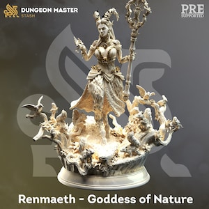 May include: A white resin statue of a female figure with horns, a staff, and a flowing gown. She is surrounded by small animals and birds, and stands on a circular base. The statue is titled "Renmaeath - Goddess of Nature".