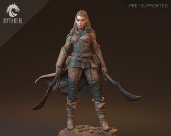 D&D | Pfadfinder | TTRPG Weibliche Elfe Schurke | Kämpfer | Waldläufer Unbemalte Miniatur