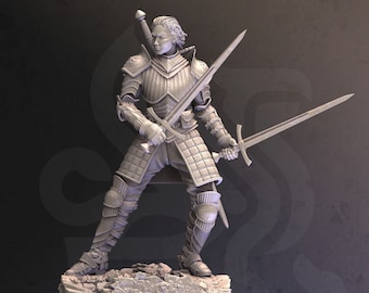 May include: A gray, detailed figurine of a female knight in full armor, holding two swords. The knight is standing on a rocky base with a decorative border.