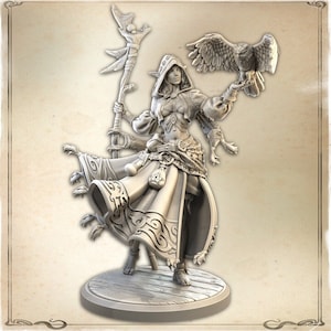 DnD Female Elf Druid - Hunter with Familiar Unpainted Miniature