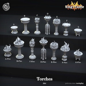 May include: A set of 9 different styles of miniature torch designs for tabletop gaming. The torches are made of grey plastic and are arranged in rows with labels for each design.