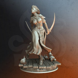 May include: A gray, detailed figurine of a woman in a flowing skirt and a jeweled top, holding a curved sword. She is standing on a wooden platform with several small pots around her.