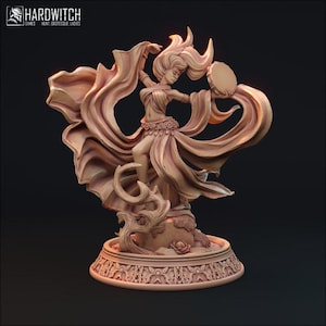 May include: A detailed, hand-painted resin figurine of a woman in a flowing, orange dress, holding a tambourine. The figurine is standing on a base with intricate details.