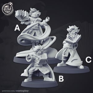 May include: Three unpainted grey resin tabletop gaming miniatures labeled A, B, and C. Each figure depicts a character with spiky hair, goggles, and a cloak, holding an open book. Figure A features a swirling magical effect, while B and C stand.