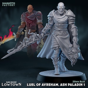 Può includere: Miniatura dettagliata stampata in 3D di Luel of Avreham, Ash Paladin 1, da Dark Descent Lowtown. La figura è in posa dinamica, con una spada dalla lama infuocata e una testa di leone mozzata. La miniatura ha una base di 25 mm.
