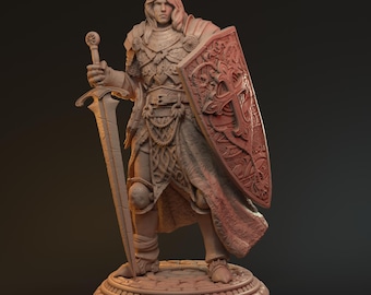 May include: A monochromatic terracotta-colored figurine of a warrior standing on a circular base. The figure wears detailed plate armor, a long tunic, and holds a large sword in the right hand and a shield with an embossed cross in the left.