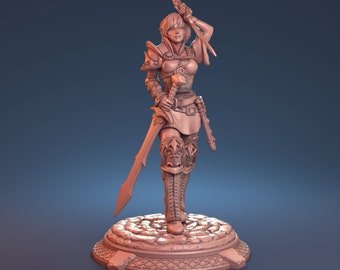 May include: A detailed miniature figurine of a female warrior in a brown, painted finish. She is wearing armor and holding a sword. The figurine is standing on a circular base with a stone-like texture.