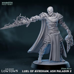 Può includere: Una miniatura grigia di Luel of Avreham, Ash Paladin 2, della serie Dark Descent Lowtown. La figura tiene in mano una spada infuocata e una testa mozzata. La base è di 25 mm. Il logo Mammoth Factory è in alto a sinistra.