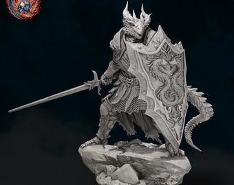 DnD | TTRPG | Pathfinder Hero - Mavorin the Drakon Paladin, Male Dragonborn Paladin, Fighter, Cleric Unpainted Miniature