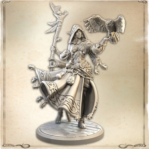 DnD Female Elf Druid - Hunter with Familiar Unpainted Miniature