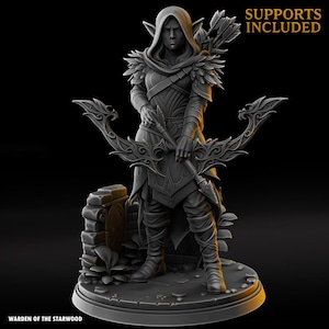 May include: A detailed, grayscale 3D-printed figurine of an elf archer. The figure is hooded, holding a bow and arrow, and stands on a stone base. The text "SUPPORTS INCLUDED" and "WARDEN OF THE STARWOOD" are visible.