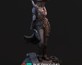 May include: A female figure wearing a brown cowboy hat and a long brown coat, holding a rifle and standing on a wooden sign that reads "Dead or Alive".