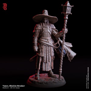May include: A detailed figurine of "Vance, Illusion Breaker" from the "Nightmarish Parade" collection. The figure is clad in ornate armor and a wide-brimmed hat, holding a staff with a lantern. The base is 25 mm. The color is a muted grey.