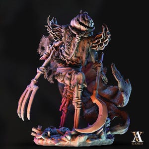 May include: A detailed, three-dimensional sculpture of a scarecrow with a carved pumpkin head. The figure is holding a pitchfork and a scythe. The sculpture is made of a rough, textured material and is painted in earthy tones.